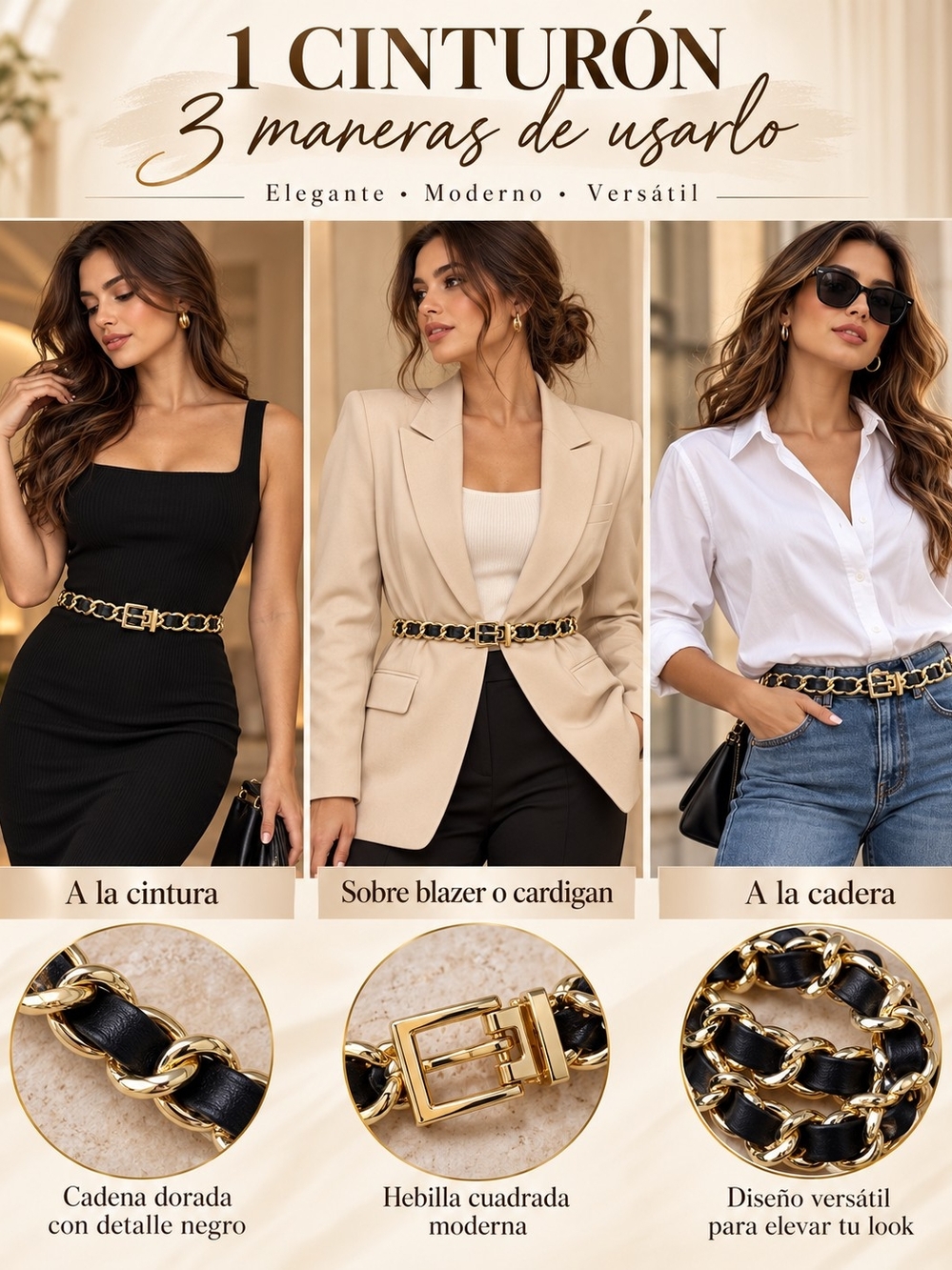 Women's Gold Chain-Link Belt with Black Leather Detail